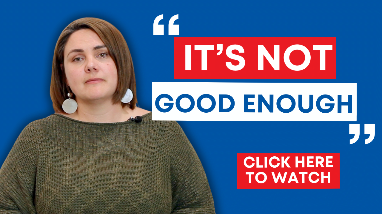 Image features NSWNMA General Secretary Shaye Candish besides the quote "it's not good enough." A "click here to watch" button is featured below. 